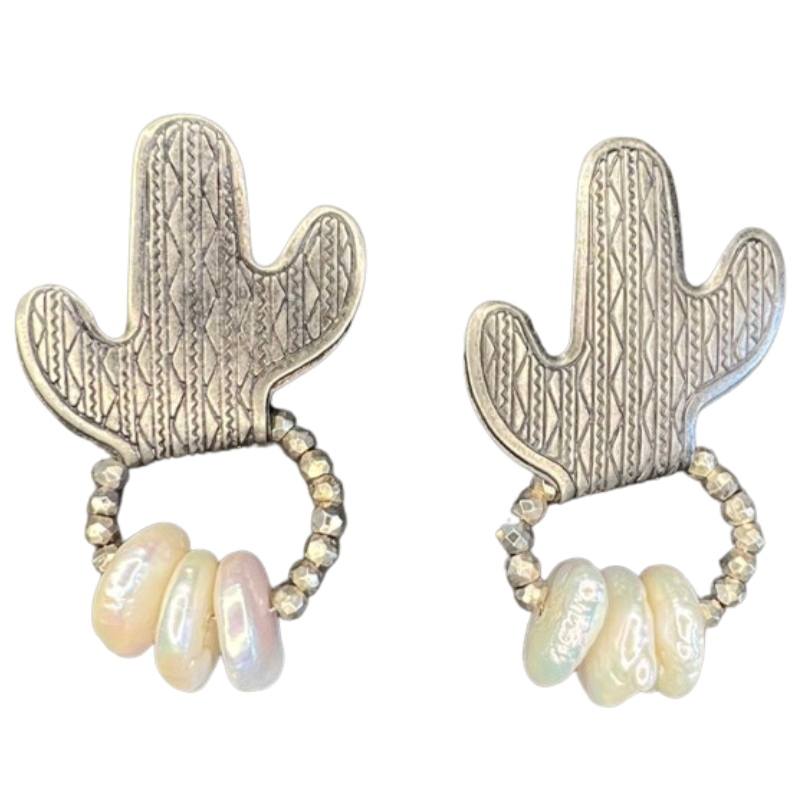 Post Earrings: Vintage cactus with pyrite stones and pearls beads