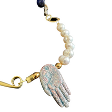 Load image into Gallery viewer, Tube Chain Necklace: Abalone, lapis lazuli, pearl, ceramic hand
