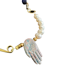 Load image into Gallery viewer, Affinity Chain Necklace: Abalone, lapis lazuli, pearl, ceramic hand
