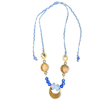 Load image into Gallery viewer, Container Necklace: Recycled glass beads, brass container, lapis, wood, pyrite,
