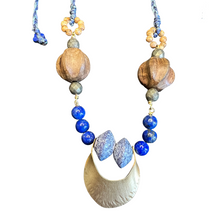 Load image into Gallery viewer, Container Necklace: Recycled glass beads, brass container, lapis, wood, pyrite,
