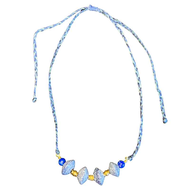 Necklace: recycled blue glass beads, brass beads, lapis on woven nylon thread