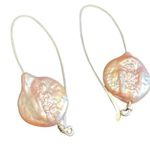 Load image into Gallery viewer, Long hook earrings: sterling silver and pink pearl
