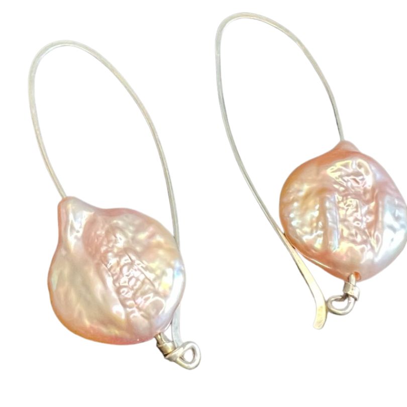 Long hook earrings: sterling silver and pink pearl