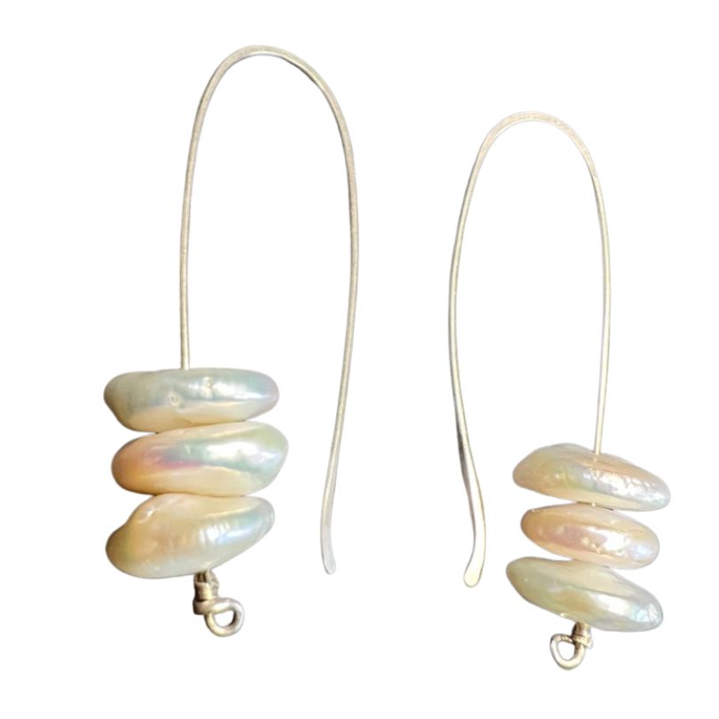 Long hook earring: sterling silver and white pearl discs