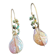 Load image into Gallery viewer, Long hook earrings: sterling silver and pink pearl with turquoise
