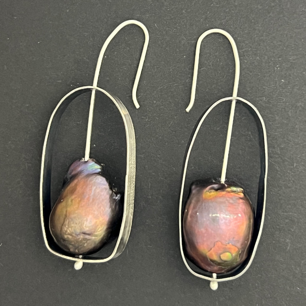 Container earrings: sterling silver and purple baroque pearl