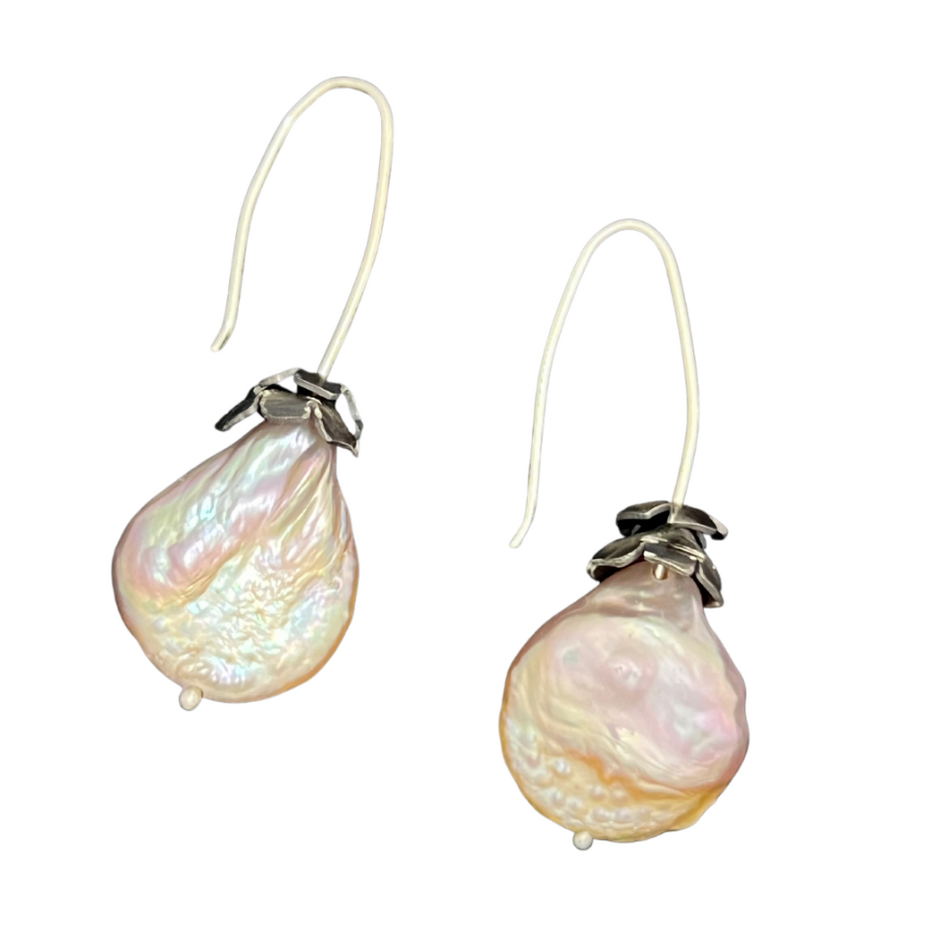 'Long Way' hook earrings: sterling silver and pink pearl