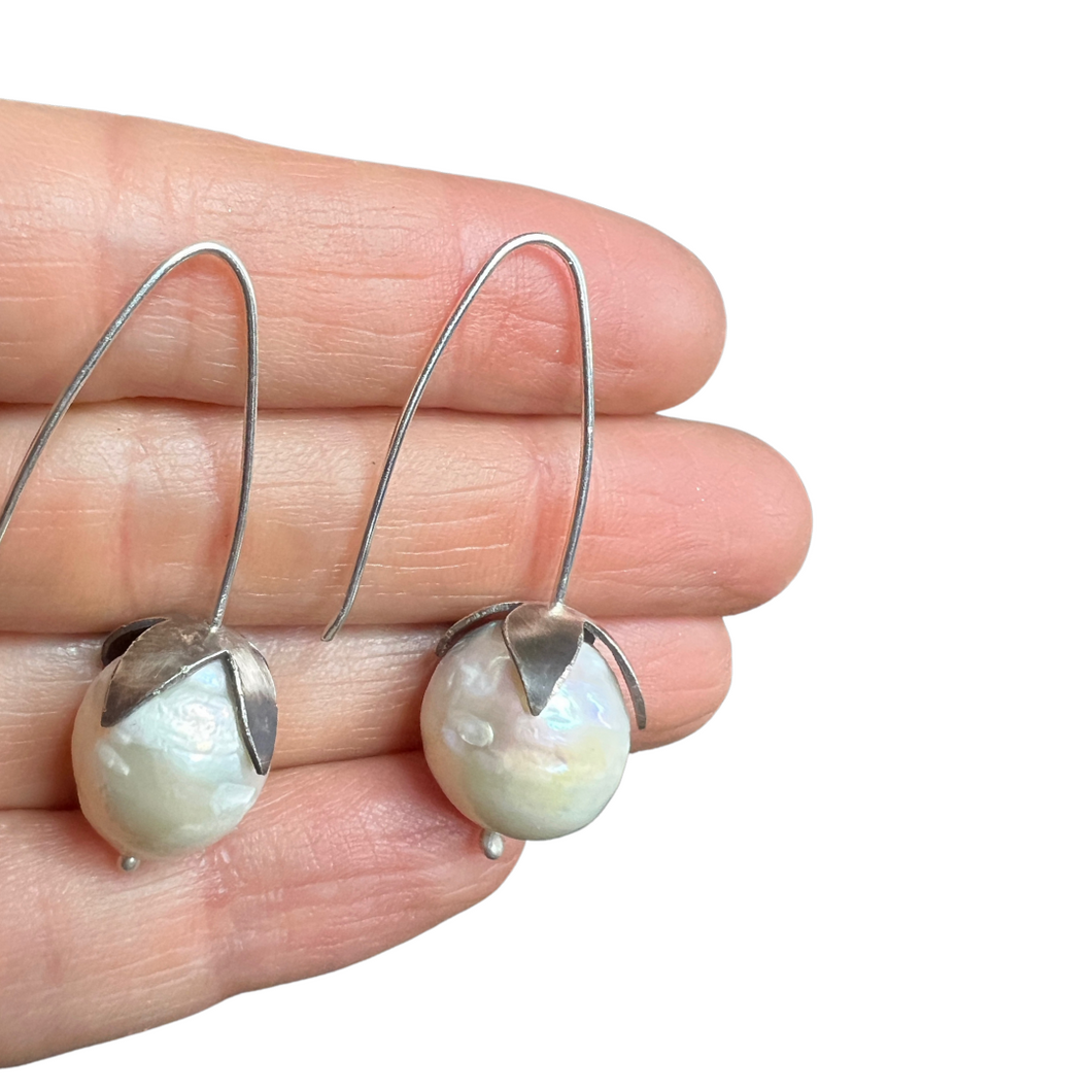 'Long Way' hook earrings: sterling silver and white pearl