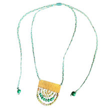 Load image into Gallery viewer, Measure Necklace: Brass ruler adorned with pyrite, malachite, and tigers eye stones
