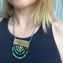 Load image into Gallery viewer, Measure Necklace: Brass ruler adorned with pyrite, malachite, and tigers eye stones
