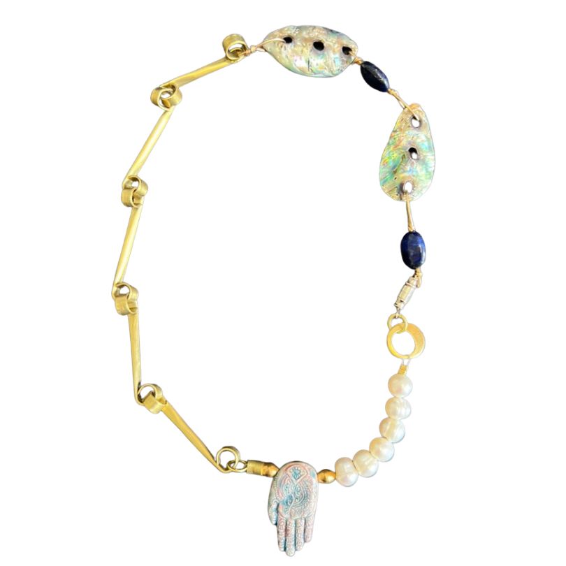 Tube Chain Necklace: Abalone, lapis lazuli, pearl, ceramic hand