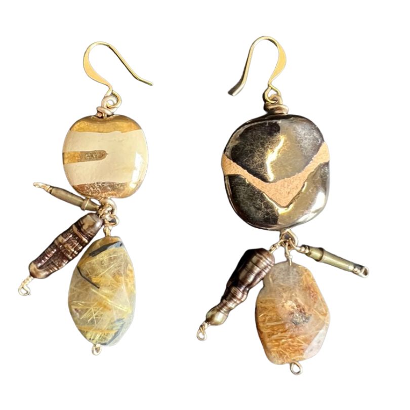 Tassel Earrings: Ceramic beads and gold rutilated quartz
