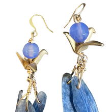 Load image into Gallery viewer, Tassel Earrings: Gold cranes &amp;  blue kyanite
