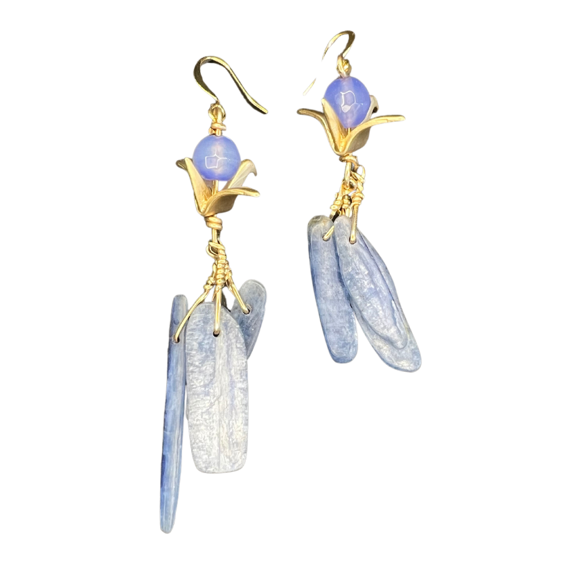 Tassel Earrings: Gold cranes &  blue kyanite