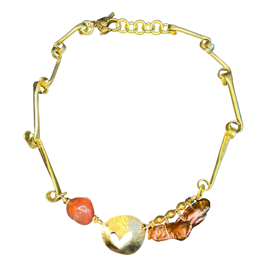 Tube chain necklace with carnelian and bronze pearl