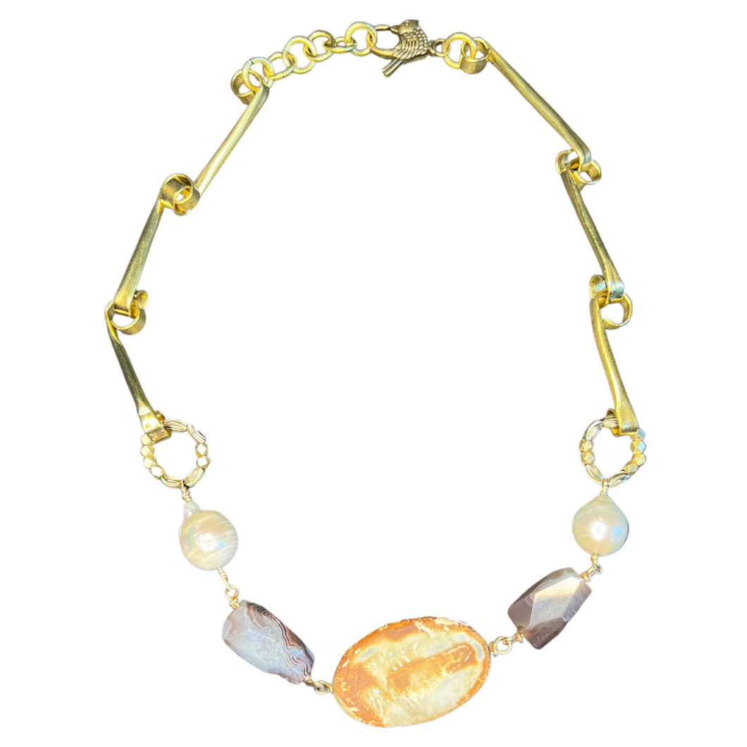 Affinity Chain Necklace: pearl and unpolished agate necklace