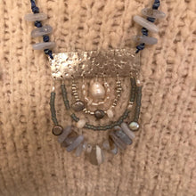 Load image into Gallery viewer, Measure Necklace: Sterling silver ruler with blue lace agate, pearl, and opal adornment
