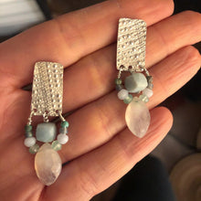 Load image into Gallery viewer, Tassel Earrings: Textured sterling silver with a tassel of opal and chalcedony stone beads
