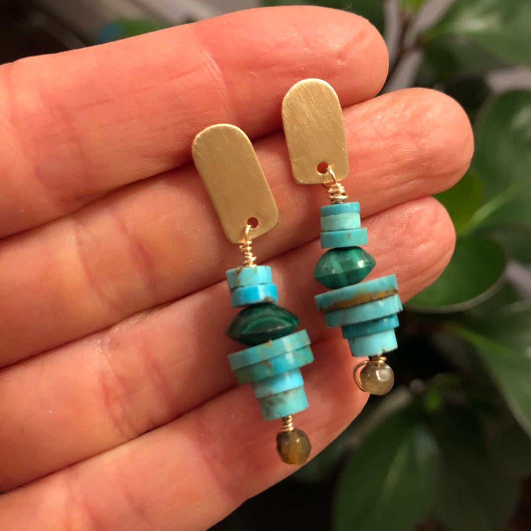 Tassel Earrings: Post earrings with malachite, labradorite, and turquoise tassels
