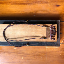 Load image into Gallery viewer, Measure Necklace: Brass ruler adorned with tassels of garnet, quartz and tigers eye stones
