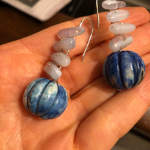 Load image into Gallery viewer, Earrings: carved blue celestite and lace agate on sterling silver.
