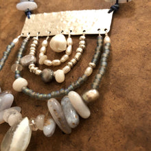 Load image into Gallery viewer, Measure Necklace: Sterling silver ruler with blue lace agate, pearl, and opal adornment
