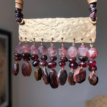 Load image into Gallery viewer, Measure Necklace: Brass ruler adorned with tassels of garnet, quartz and tigers eye stones

