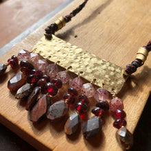 Load image into Gallery viewer, Measure Necklace: Brass ruler adorned with tassels of garnet, quartz and tigers eye stones
