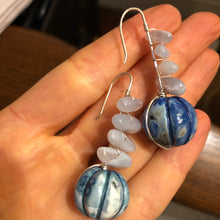 Load image into Gallery viewer, Earrings: carved blue celestite and lace agate on sterling silver.
