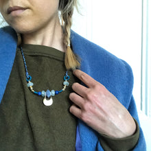 Load image into Gallery viewer, Container Necklace: Recycled glass bead, brass container, lapis, chalcedony, wood
