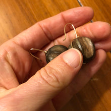 Load image into Gallery viewer, Earring: Carved wood beads on gold fill ear wire
