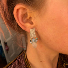 Load image into Gallery viewer, Tassel Earrings: Textured sterling silver with a tassel of opal and chalcedony stone beads
