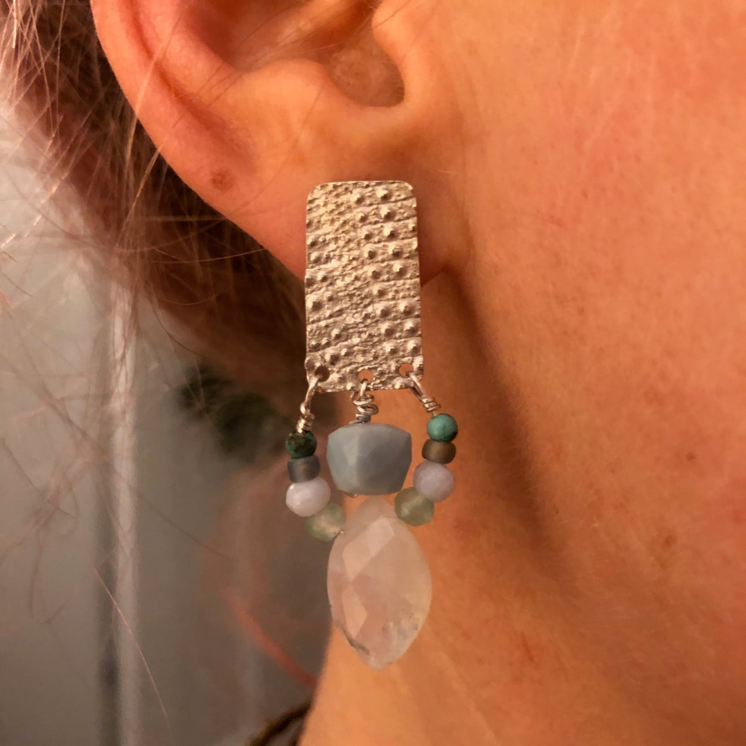 Tassel Earrings: Textured sterling silver with a tassel of opal and chalcedony stone beads