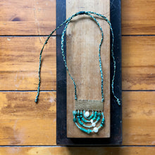 Load image into Gallery viewer, Measure Necklace: Brass ruler adorned with malachite, pearl, turquoise, Czech glass, chalcedony
