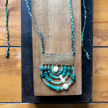 Load image into Gallery viewer, Measure Necklace: Brass ruler adorned with malachite, pearl, turquoise, Czech glass, chalcedony
