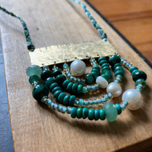 Load image into Gallery viewer, Measure Necklace: Brass ruler adorned with malachite, pearl, turquoise, Czech glass, chalcedony

