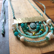 Load image into Gallery viewer, Measure Necklace: Brass ruler adorned with hand carved stone, malachite, pearl, Czech glass
