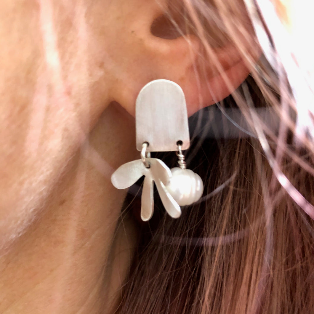 Door and Flower Sterling Silver Post Earrings with White Pearl - on ear