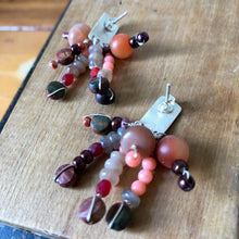 Load image into Gallery viewer, Tassel Earrings: Textured sterling silver post earrings with moonstones, jasper, coral, and check glass beads
