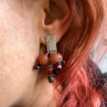 Load image into Gallery viewer, Tassel Earrings: Textured sterling silver post earrings with moonstones, jasper, coral, and check glass beads
