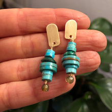 Load image into Gallery viewer, Tassel Earrings: Post earrings with malachite, labradorite, and turquoise tassels
