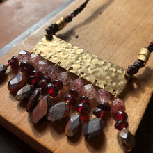 Load image into Gallery viewer, Measure Necklace: Brass ruler adorned with tassels of garnet, quartz and tigers eye stones
