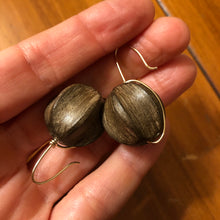 Load image into Gallery viewer, Earring: Carved wood beads on gold fill ear wire
