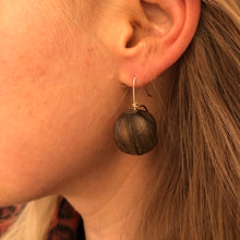 Load image into Gallery viewer, Earring: Carved wood beads on gold fill ear wire
