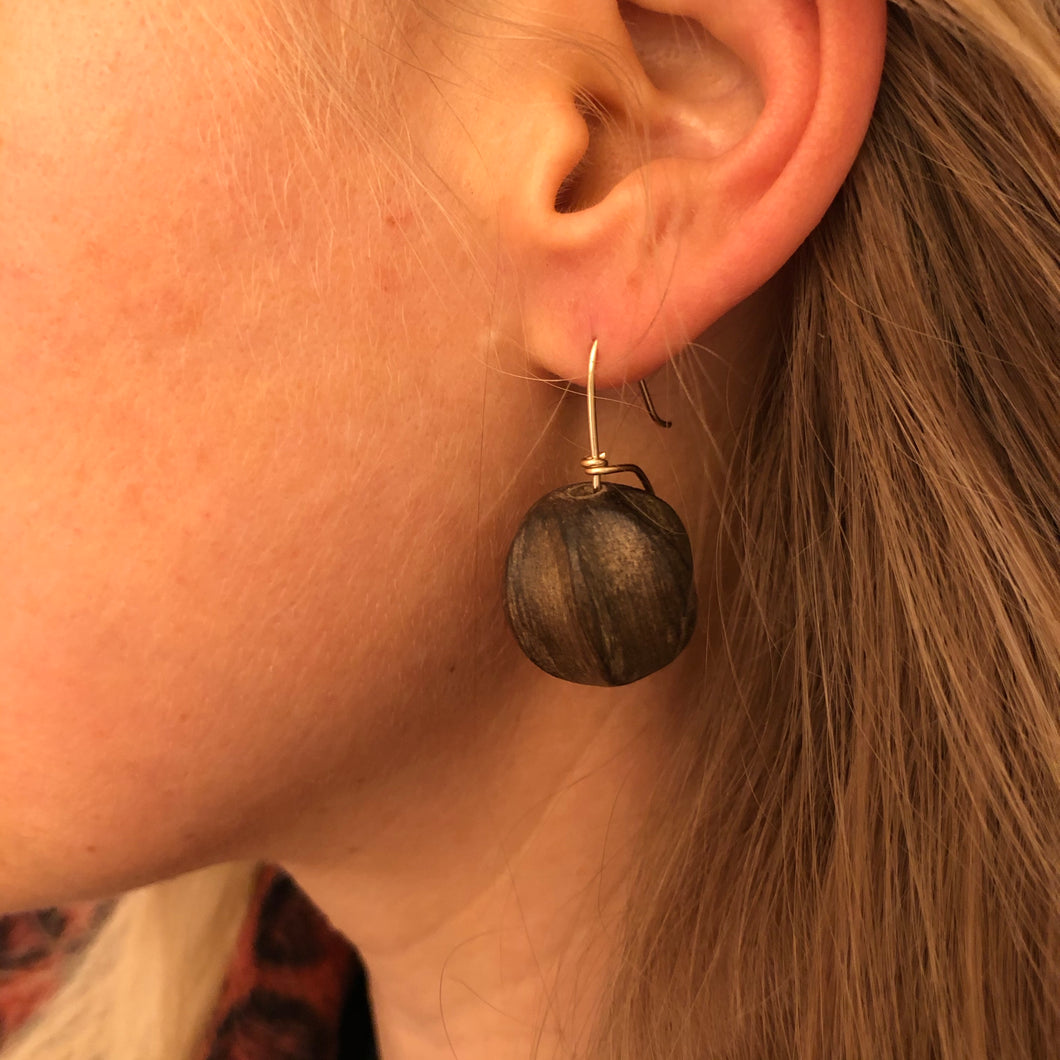 Earring: Carved wood beads on gold fill ear wire