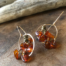 Load image into Gallery viewer, Earrings: Glass half full style in gold fill wire with amber and carnelian beads
