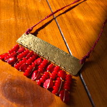 Load image into Gallery viewer, Measure Necklace: Brass ruler adorned with tassels of red coral beads
