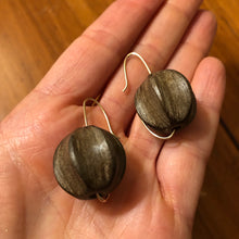 Load image into Gallery viewer, Earring: Carved wood beads on gold fill ear wire

