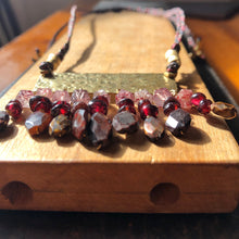 Load image into Gallery viewer, Measure Necklace: Brass ruler adorned with tassels of garnet, quartz and tigers eye stones
